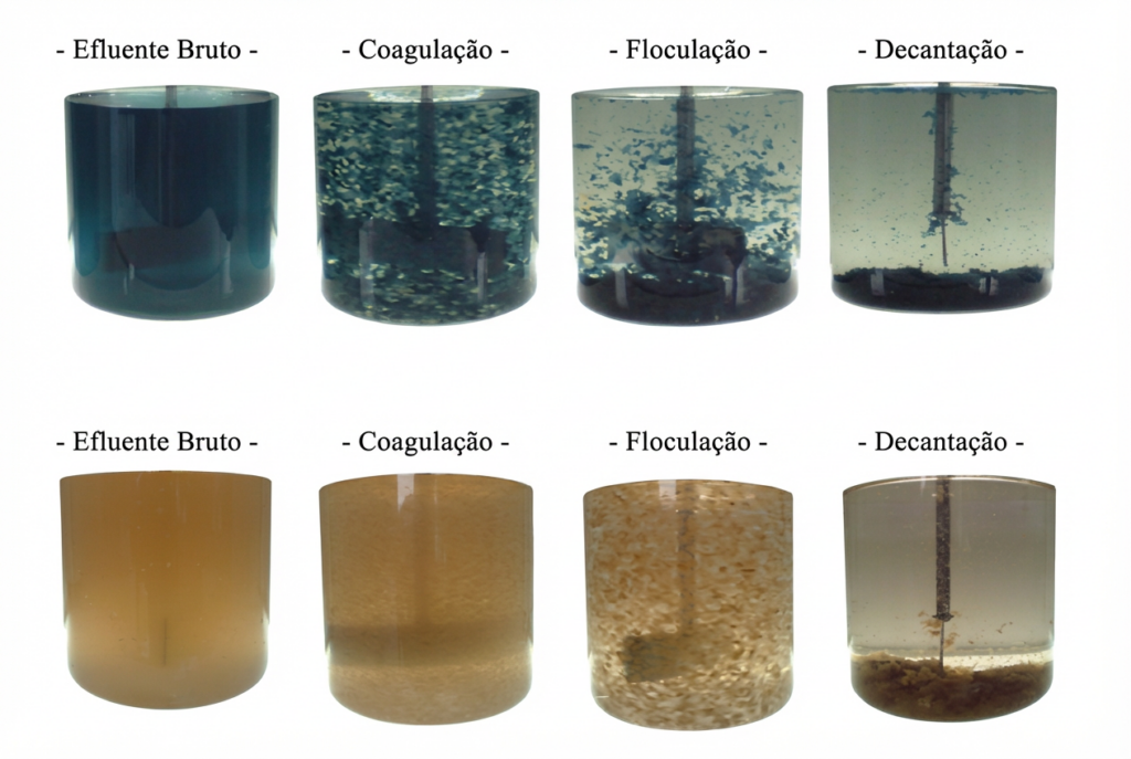 figura 2 – exemplo (ensaio de jartest) do processo de coagulação, floculação e decantação para remoção de partículas coloidais da água.