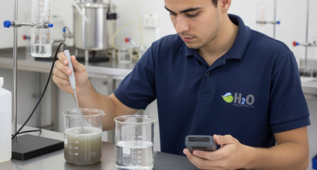 A O papel do pH na eficiência da coagulação e floculação Fotografia de um técnico da H2O Engenharia a utilizar uma sonda de medição num gobelé com água turva, enquanto regista os dados num leitor digital, num ambiente laboratorial equipado em aço inoxidável.