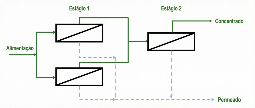 figura 7 – fluxograma de osmose reversa com 2 estágios, para aumentar a % de água recuperada.